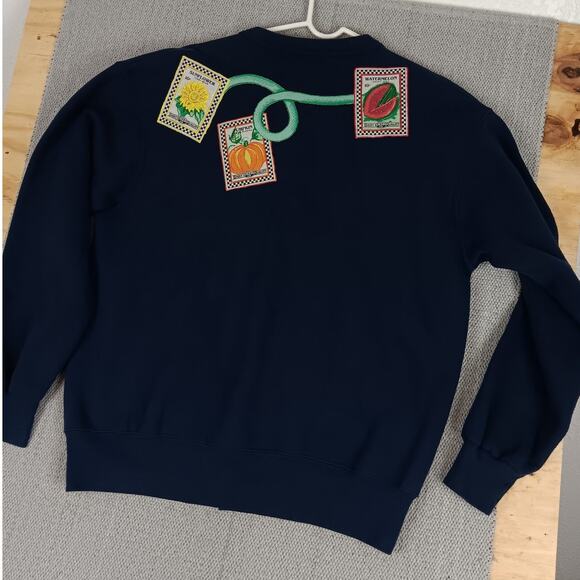 Fruit of the Loom Vintage Sweatshirt Cardigan OSFA Navy Blue Patched Garden Boho - Picture 8 of 13